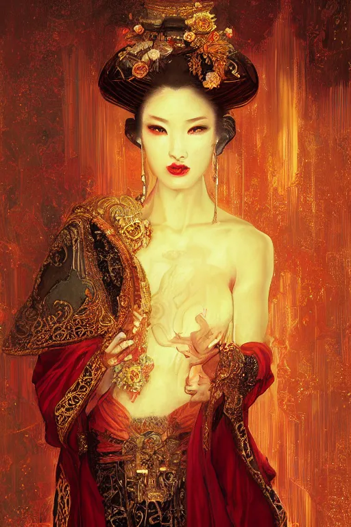 Image similar to tarot card artstation, portrait of a geisha love dancer, sunrise, baroque ornament and rococo ornament, ancient chinese ornate, hyperdetailed, beautiful lighting, craig mullins, mucha, klimt, yoshitaka amano, red and gold and orange color palette