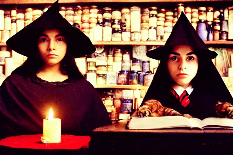 Image similar to 2 0 0 0's photo, close up portrait, dramatic lighting, concentration, calm confident hispanic teen witch and her cat, on candle and tarot cards displayed on the table in front of her, a witch hat and cape, apothecary shelves in the background, still from harry potter, alphonse mucha