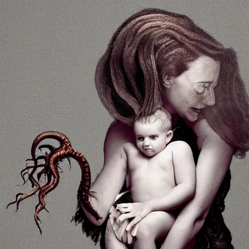 Prompt: a mother and her eldritch horror baby, photo by anne leibovitz