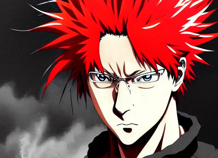 Image similar to a anime portrait of a man with flaming hair, close up, jujutsu kaisen!! finely detailed features, sharp focus, perfect art, scenic background, intricate, anime, illustration, artstation, trending on pixiv fanbox, painted by studio ghibli, yoji shinkawa, mappa