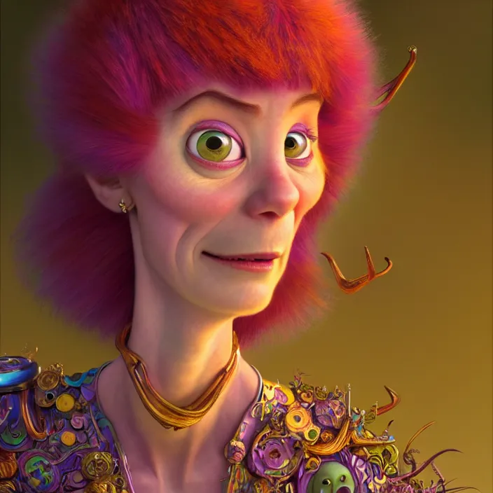 Prompt: psychedelic Monsters Inc. character, Pixar, diffuse lighting, fantasy, intricate, elegant, highly detailed, lifelike, photorealistic, digital painting, artstation, illustration, concept art, smooth, sharp focus, art by John Collier and Albert Aublet and Krenz Cushart and Artem Demura and Alphonse Mucha
