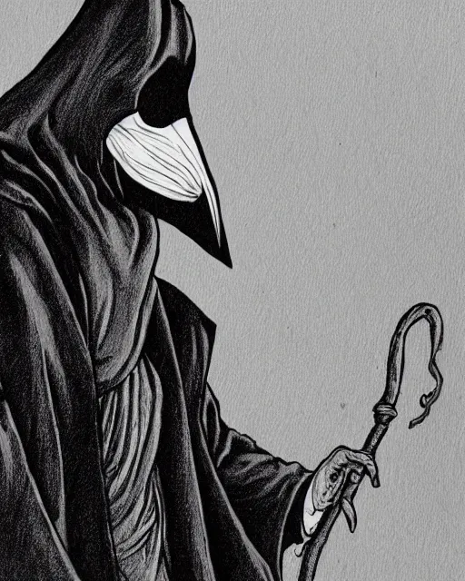 Image similar to a plague doctor holding his mask, mask in hand, black robes, detailed art by greg rukowtski