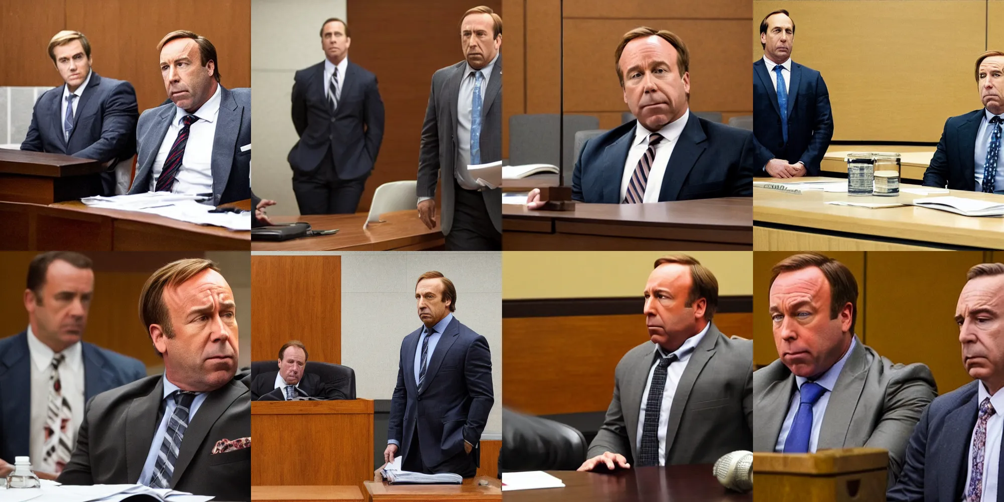 Prompt: Alex Jones in court and Saul Goodman as his lawyer