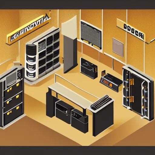 Prompt: isometric diorama box of a computer server bank room, black background, gold, art deco, rust, worn, room full of computers, desks, abandoned, ruins, old, dust, office furniture, wires, cables