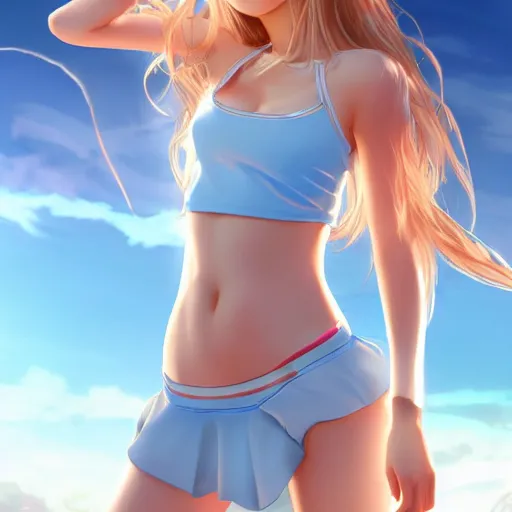 Prompt: a very beautiful young anime tennis girl, confident, full body, long wavy blond hair, sky blue eyes, full round face,, bikini, miniskirt, front view, mid - shot, highly detailed, cinematic wallpaper by stanley artgerm lau