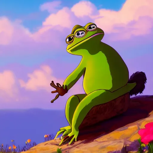 Image similar to a wholesome animation key shot of pepe the frog and a cat playing on a hill, medium shot, studio ghibli, pixar and disney animation, sharp, rendered in unreal engine 5, anime key art by greg rutkowski, bloom, dramatic lighting