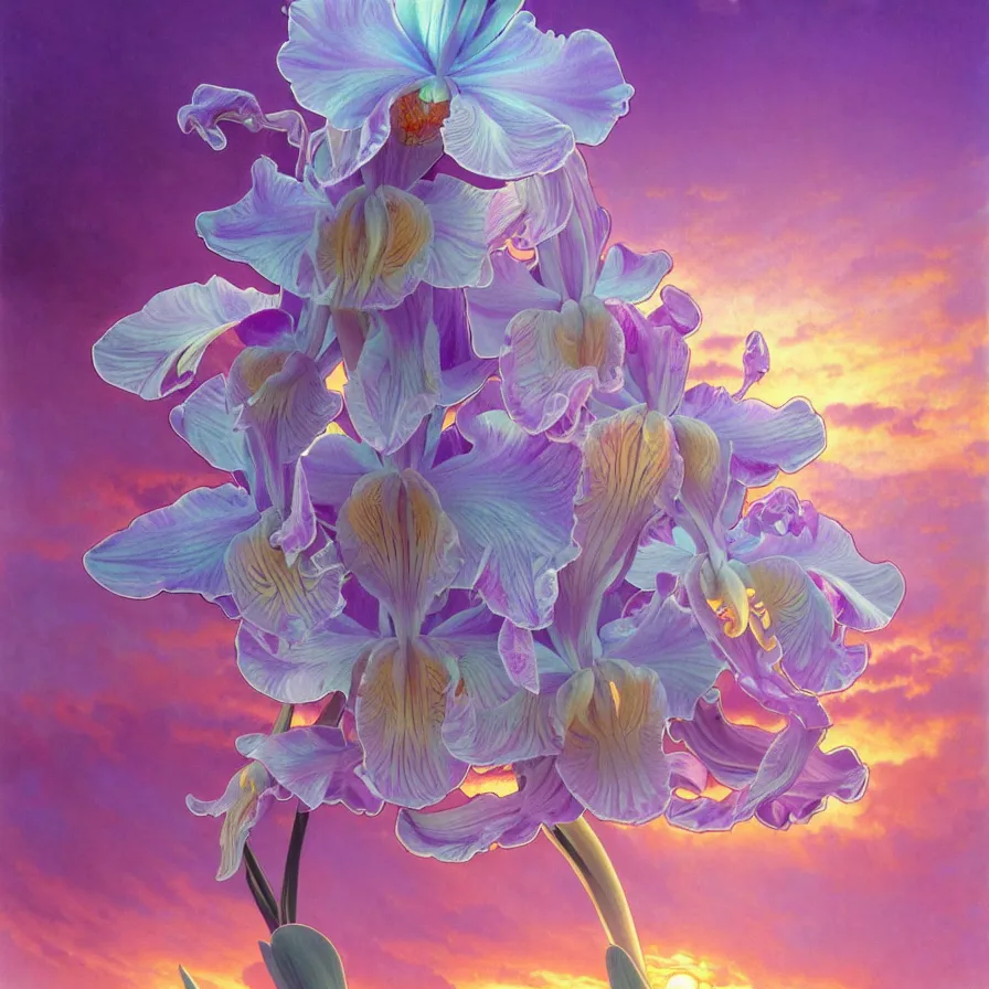 Image similar to detailed giant pastel holographic orchid iris hybrid flower surrounded by ocean waves, lsd water, lsd ripples, droplets, backlit, sunset, refracted lighting, art by collier, albert aublet, krenz cushart, artem demura, alphonse mucha