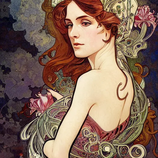 Prompt: an art nouveau illustration in the style of mort kunstler, and in the style of charlie bowater, and in the style of alphonse mucha. floral patterns. symmetry, smooth, sharp focus, semi - realism, intricate detail.