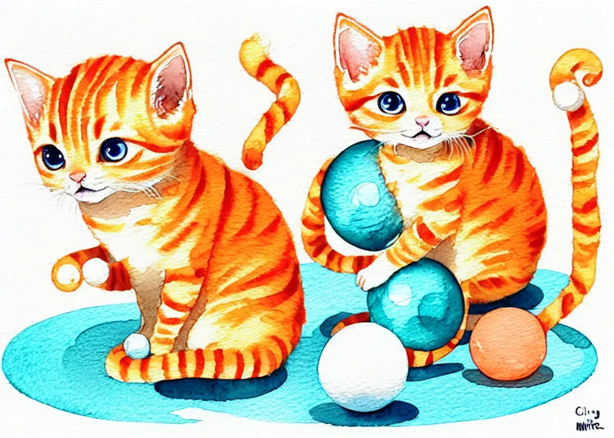 Image similar to cute and funny, orange tabby kitten playing with a ball of yarn, centered award winning watercolor pen illustration, isometric illustration by chihiro iwasaki, edited by range murata, tiny details by artgerm and watercolor girl, symmetrically isometrically centered