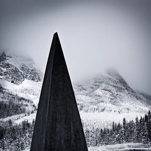 Image similar to a monolithic obelisk temple next to a snowcapped mountain. snowing, overcast sky, grainy.