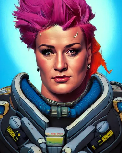 Image similar to zarya from overwatch, character portrait, portrait, close up, concept art, intricate details, highly detailed, vintage sci - fi poster, retro future, in the style of chris foss, rodger dean, moebius, michael whelan, and gustave dore