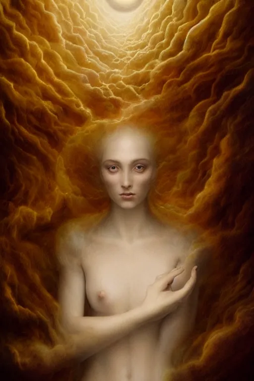 Prompt: Intricate stunning highly detailed pale skinned ethereal being by agostino arrivabene and Vladimir Kush, surreal, digital painting, ultra realistic, Horror vacui, dramatic lighting, full moon, thick black swirling smoke tornado, burning fire embers, artstation