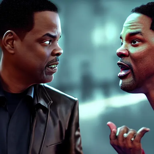 Image similar to chris rock is fighting with will smith on his face, shadow harsh lights, dramatic scene, hyper detailed, digital art, trending in artstation, cinematic lighting, studio quality, smooth render, unreal engine 5 rendered, octane rendered, ligh rim