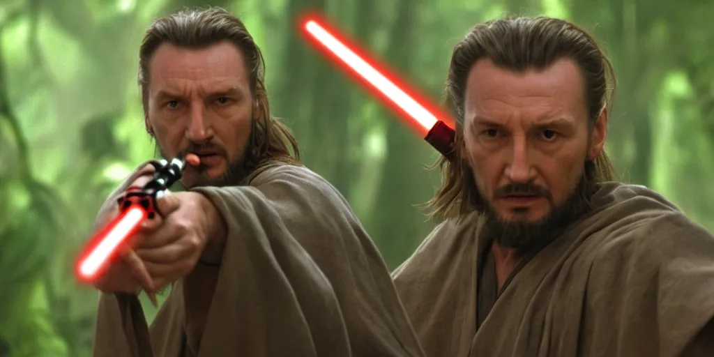 Image similar to liam leeson qui - gon jinn lightsaber phantom menace jungle scene, hyper realistic face 4 k, movie still, uhd, sharp, detailed, cinematic, render, modern