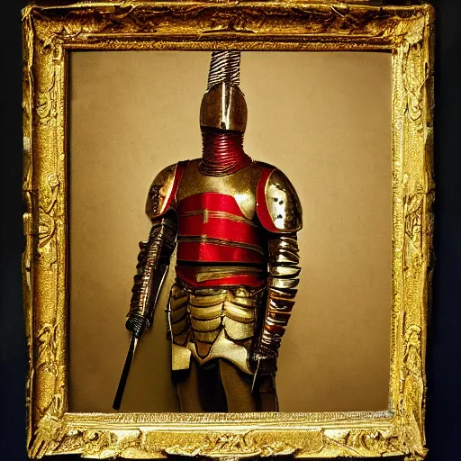 Prompt: portrait the great knight in golden red armor made of polished dragon bones looks relaxed, victorian era