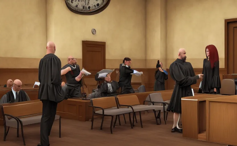 Image similar to courtroom, trial of a bald man in a skirt and black stockings, hyperrealism, no blur, 4 k resolution, ultra detailed, style of marc simonetti, tyler edlin, deviantart