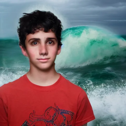 Prompt: photograph of a teenage boy with black hair and sea green eyes standing in the eyes of a Hurricane as waves and water crash around him
