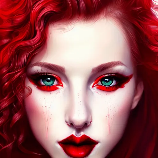 Prompt: a realistic illustration portrait of a beautiful aidra fox with curly black and red hair, black eyeliner, trending on artstation, hyper - realistic lighting, intricate, ross tran