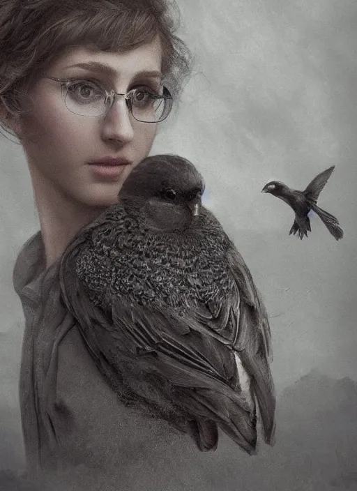 Prompt: detailed!!!! Matte painting art, portrait of Birdy with big!!!!!!!!!!!!, large!!!!!! eyeglasses!!!