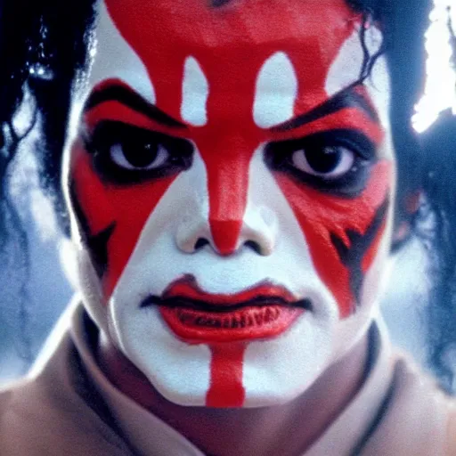 Image similar to a film still of michael jackson starring in a blockbuster film as darth maul from star wars, shallow depth of field, cinematic, award winning cgi, vfx, film still
