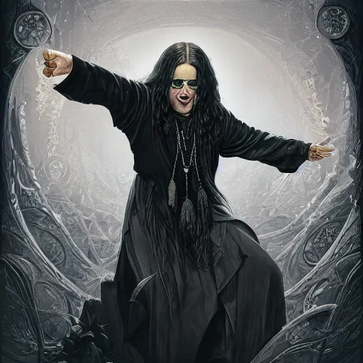 Image similar to a portrait of ozzy osborne as a wizard, urban motifs, intricate, elegant, highly detailed, digital painting, trending on artstation, concept art, smooth sharp focus, illustration, art by artgerm and greg rutkowski