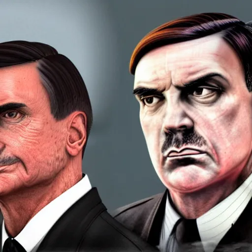 Image similar to hyperrealistic mixed media image of Jair bolsonaro and Adolph Hitler, stunning 3d render inspired art by István Sándorfi and Greg Rutkowski, perfect facial symmetry, realistic, highly detailed attributes and atmosphere, dim volumetric cinematic lighting, 8k octane extremely hyper-detailed render, post-processing, masterpiece,