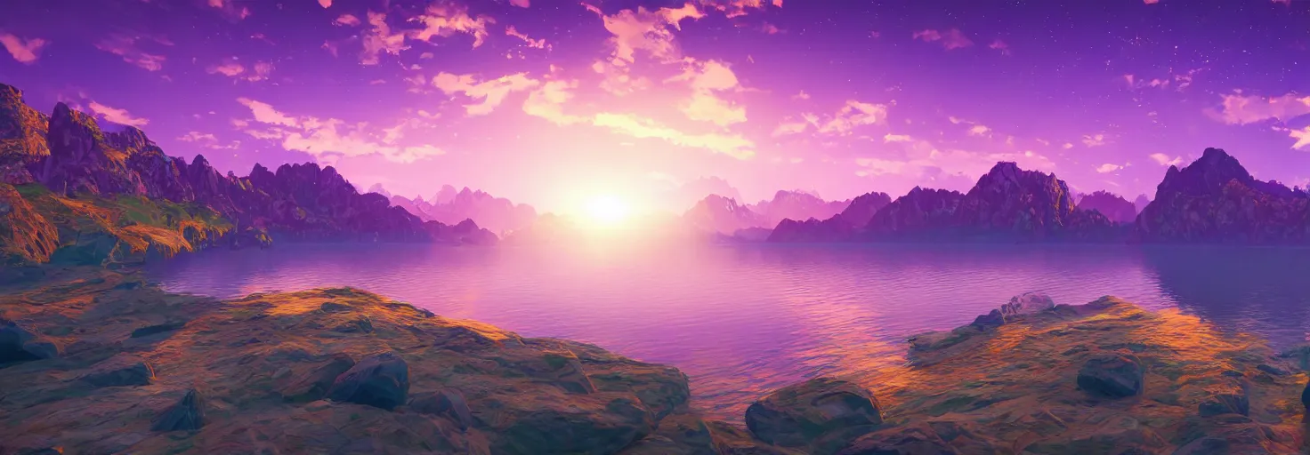 Image similar to super detailed color art, a sinthwave northern sunset with rocks on front, lake in the middle of perspective and mountains at background, unreal engine, retrowave color palette, 3d render, lowpoly, colorful, digital art