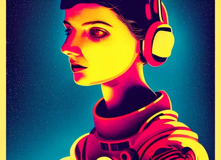 Prompt: portrait of a young astronaut girl, colorful,modern art deco, Mads Berg, Karolis Strautniekas, stippled light, fine texture, editorial illustration, dramatic lighting, dynamic composition, detailed, matte print