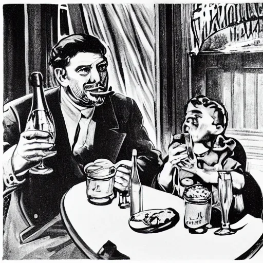 Image similar to communist man drinking champagne, hungry child next to him, soviet propaganda style