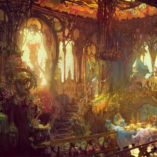 Image similar to a beautiful interior of a fairy castle, fully decorated, furnished with fairy furniture, fairy aesthetics, concept art, by greg rutkowski, alphonso mucha and elena dudina. high details, global illumination