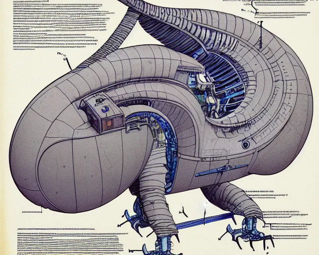 Prompt: a full page of a mechanical blueprint showing a cutaway design for a mechanized brontosaurus from howl's moving castle ( 2 0 0 4 ), with a big head, muted colors, post grunge, studio ghibli, hq,