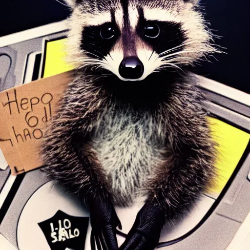 Image similar to closeup photo of furry baby raccoon astronaut holding a sign that says hello, octane, hyper detailed,