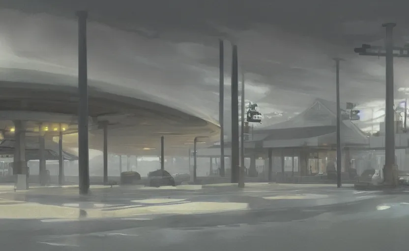 Image similar to a strange exterior of the port byron travel plaza in upstate new york, moody scene directed by charlie kaufman ( 2 0 0 1 ) anamorphic lenses, foggy volumetric light morning, cinematic trending on artstation in the style of greg rutkowski