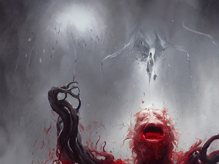 Image similar to painting by greg rutkowski a flying human head with tears running down it's face face that is chalk white in color, with long white!! tentacles!! coming out of the neck, fiery scorching red eyes, flying in a terrying hellish dark cavernous place