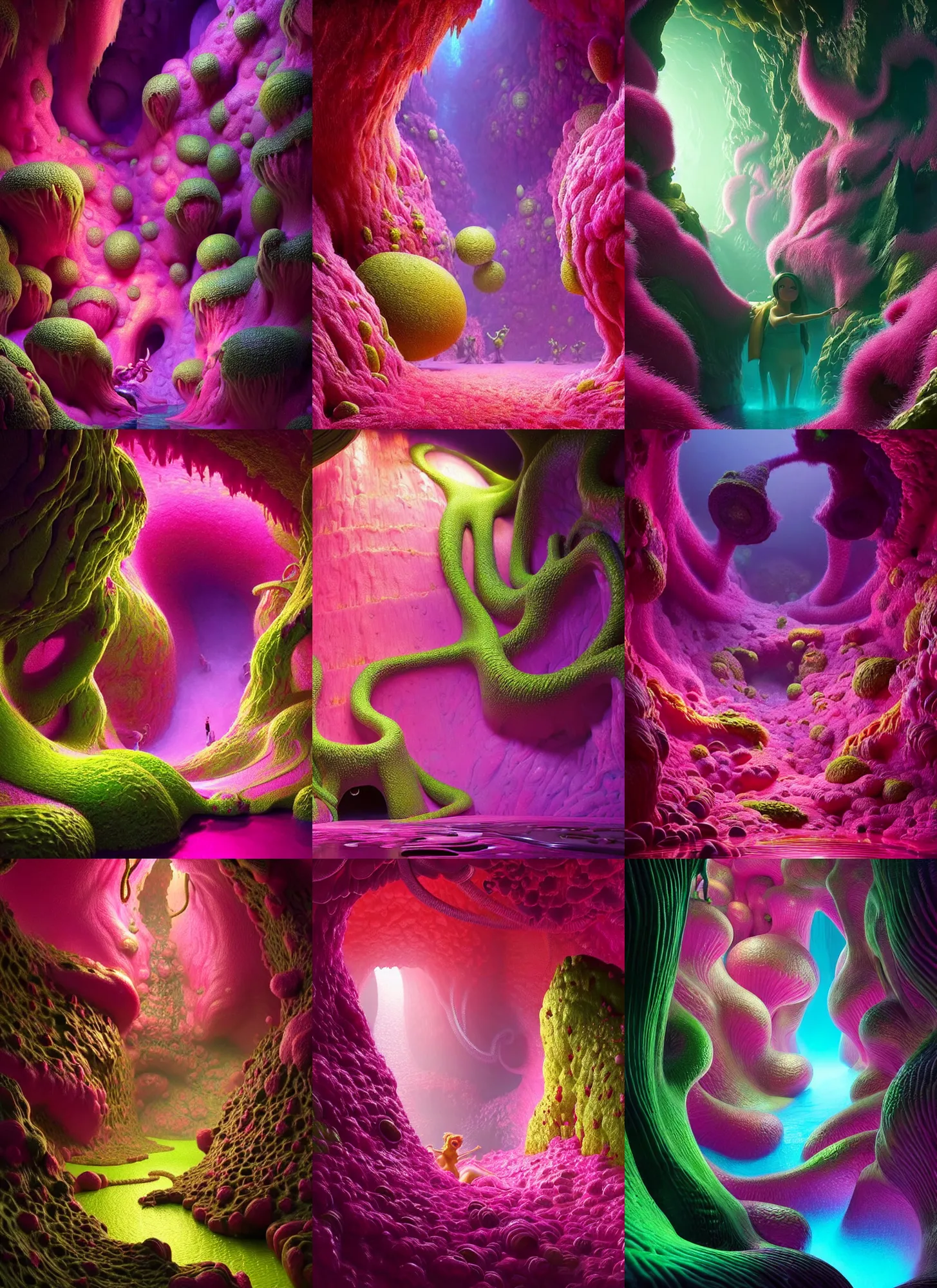 Prompt: bright polished lush masterpiece : : cavern ful of swirling pink fuzz demons : : weta disney pixar movie still photo : : hi - fructose, sci fi, decadent highly - detailed digital painting, golden ratio, accent lighting, octane render, artstation, smooth, sharp focus, beeple, rutkowski, mucha : : peach and lime color scheme