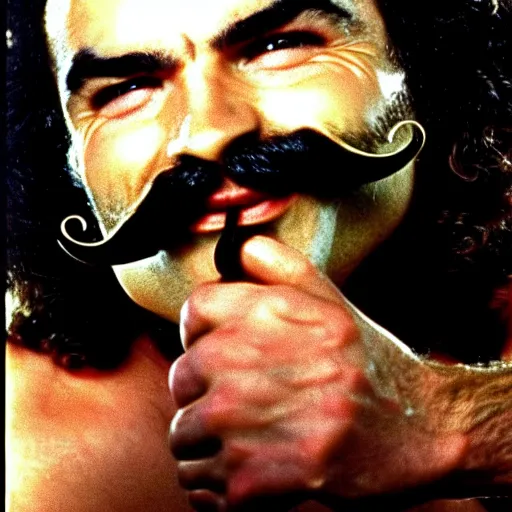 Prompt: winner of most beautiful moustache competition 1971, high quality, world championship, color photo, Burt Reynolds, Ron Jeremy