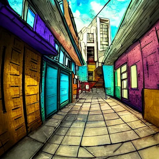 Image similar to alley among residental buildings, ghetto neiborhood, anime style painting, fish eye effect, wide angle