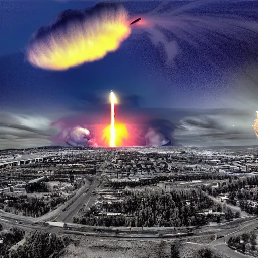 Prompt: A huge missile hits Oslo, Nuclear Explosion, Realistic, HDR, Real Event, HDD, Ultra Lightning,