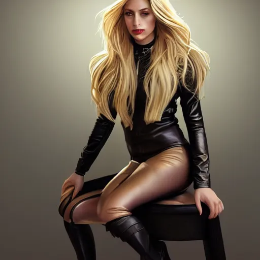 Image similar to a painting of a blonde female wearing a skintight leather jacket tied up in a chair, full view, popular on artstation, artstationhd, artstationhq 8 k, volumetric lighting, trending on artstation, artstationhd, artstationhq, ultra detailed, detailed face, by artgerm and james gurney, greg rutkowski