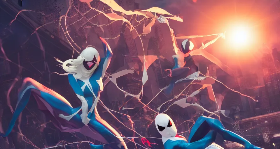 Image similar to Marvel Comics Spider Gwen Battles The Hobgoblin, bats, sunset, volumetric lighting, hyperrealistic, beautiful details, HDR, octane render, action shot, wide angle, bokeh, Yasushi Niarasawa Moebius Jim Steranko Style