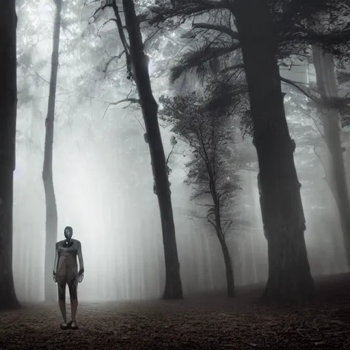 Image similar to a modern day ancient Egyptian pharaoh standing in a dark, gloomy forest, detailed, mythical, mist, fog, heavy fog, dark lighting, rim light, ambient light,