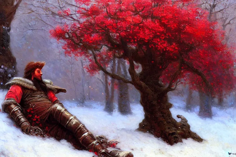Prompt: winter, a male warrior relaxing under a huge tree with red flowers, ground covered with snow, extreme long shot, fantasy, painting by gaston bussiere, craig mullins, j. c. leyendecker, trending on artstation