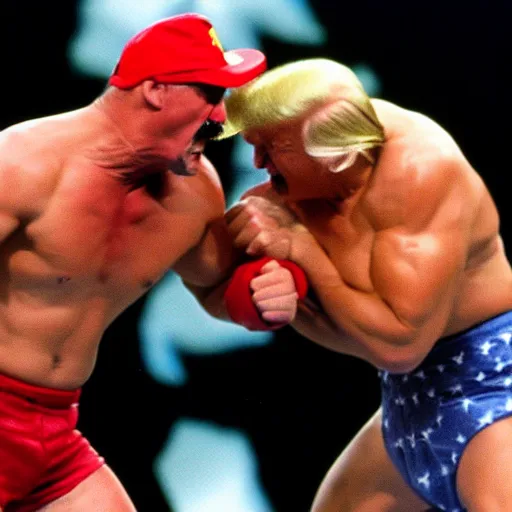 Image similar to Hulk Hogan fighting against Donald Trump at Wrestlemania 1999, photography