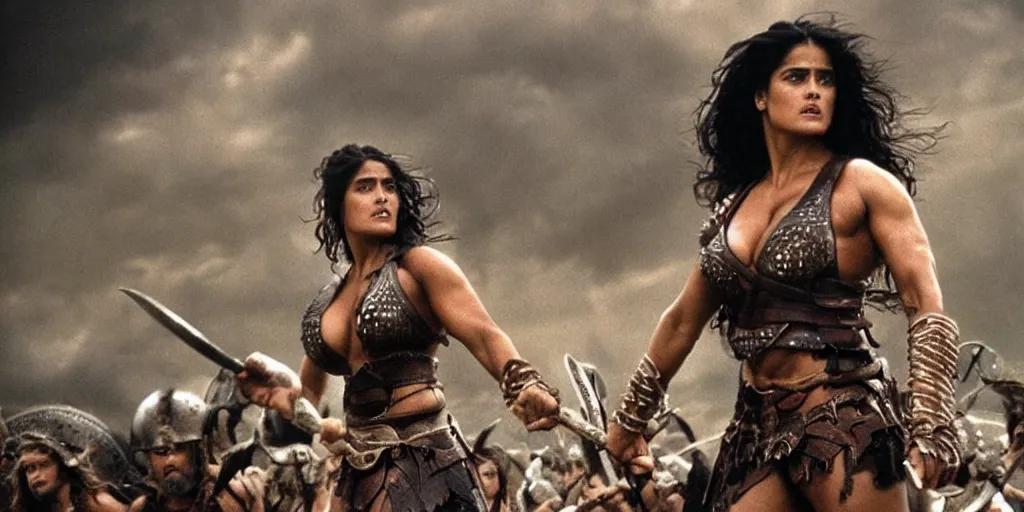 Image similar to epic photo of muscular salma hayek as beautiful barbarian warrior queen with long curly black hair, battle scene with a thousand monsters behind her in the background, sweaty, detailed eyes, neutral expression, shallow depth of field, photorealistic, cinematic lighting, lovely bokeh, warm colours, dusk, movie quality, conan the destroyer 1 9 8 5, movie still, cinemascope