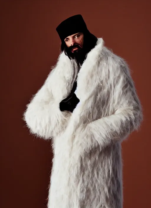 Prompt: The yeti modelling a highly experimental coat by Yohji Yamamoto