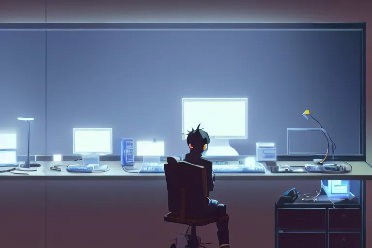 Prompt: a nerdy boy is programming at a computer in a room full of gadgets, screens all over the walls, by makoto shinkai and ghibli studio, dramatic lighting, highly detailed, incredible quality, trending on artstation