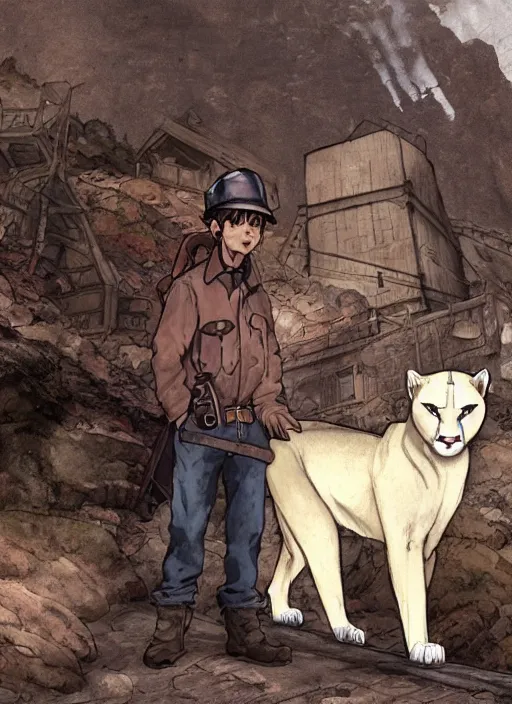 Image similar to character portrait of a man with an albino mountain lion's head wearing miner's clothes at the mines. hidari, color page, tankoban, 4K, tone mapping, Akihiko Yoshida.