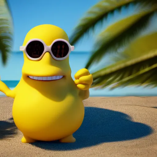 Prompt: a supercute lemon cartoon character, that is fit and muscular, it's is relaxing on a beach, inspired by dalle - 2, octane render, 3 d, volumetric lightening