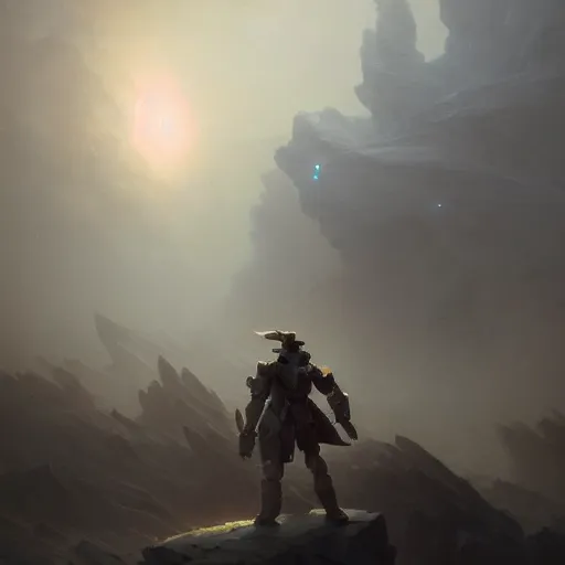 Image similar to epic portrait an mech robot walking on a dead world full of rocks, atmospheric, cloudy, foggy, dead, broad light, ambient occlusion, volumetric light effect, made by ivan aivazovsky, peter mohrbacher, greg rutkowski, matte painting, trending on artstation, 4 k, perfectly defined features, digital painting,