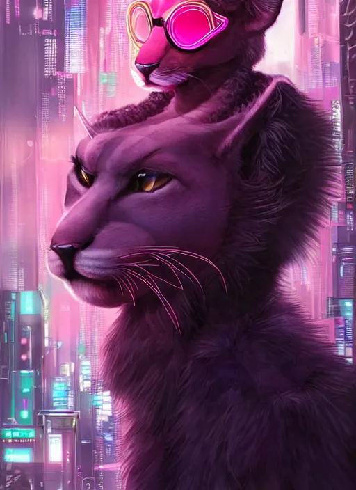 Image similar to award winning beautiful portrait commission of a male furry anthro puma fursona with a tail and a cute beautiful attractive detailed furry face wearing stylish black and pink cyberpunk clothes in a cyberpunk city at night while it rains. Character design by charlie bowater, ross tran, artgerm, and makoto shinkai, detailed, inked, western comic book art